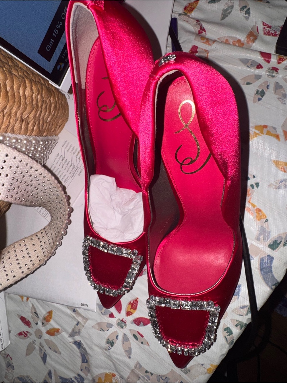Sam Edelman Pink Satin Pointed Toe Crystal Buckle Pumps Brand New! - Picture 6 of 9